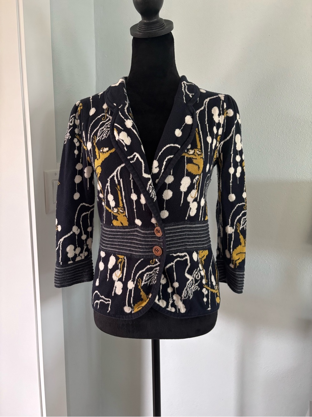 Liamolly New Orleans Women’s Navy & Mustard Patterned Knit Blazer monkey print S